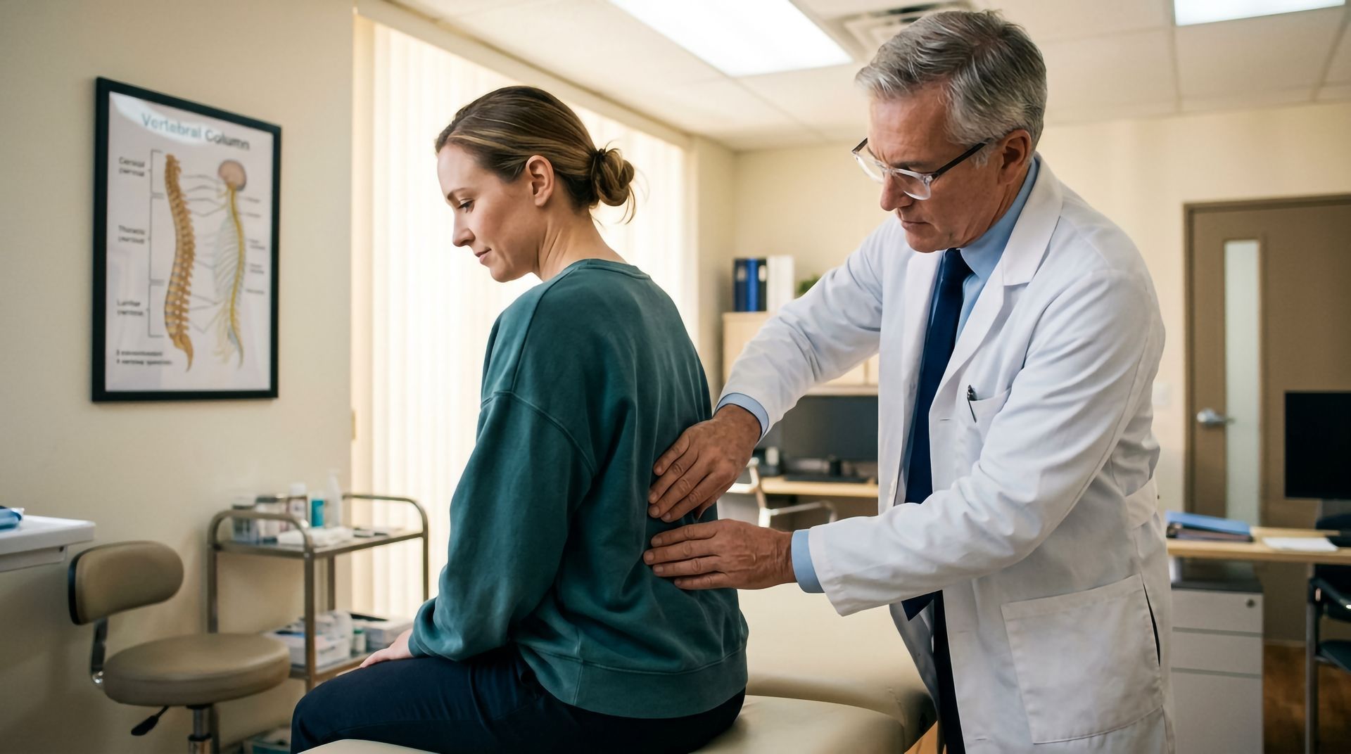 Patient on exam table speaks with doctor in a bright clinic room, with a spine model nearby
