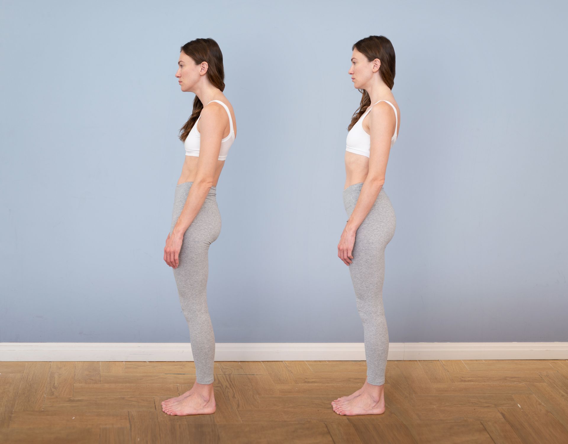 Side-view comparison of a woman standing upright and slouched against a blue wall.