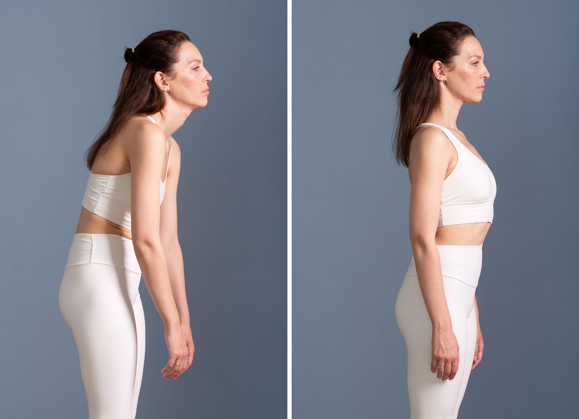 Side-by-side profile comparison of a woman before and after standing straighter, in white athletic wear.