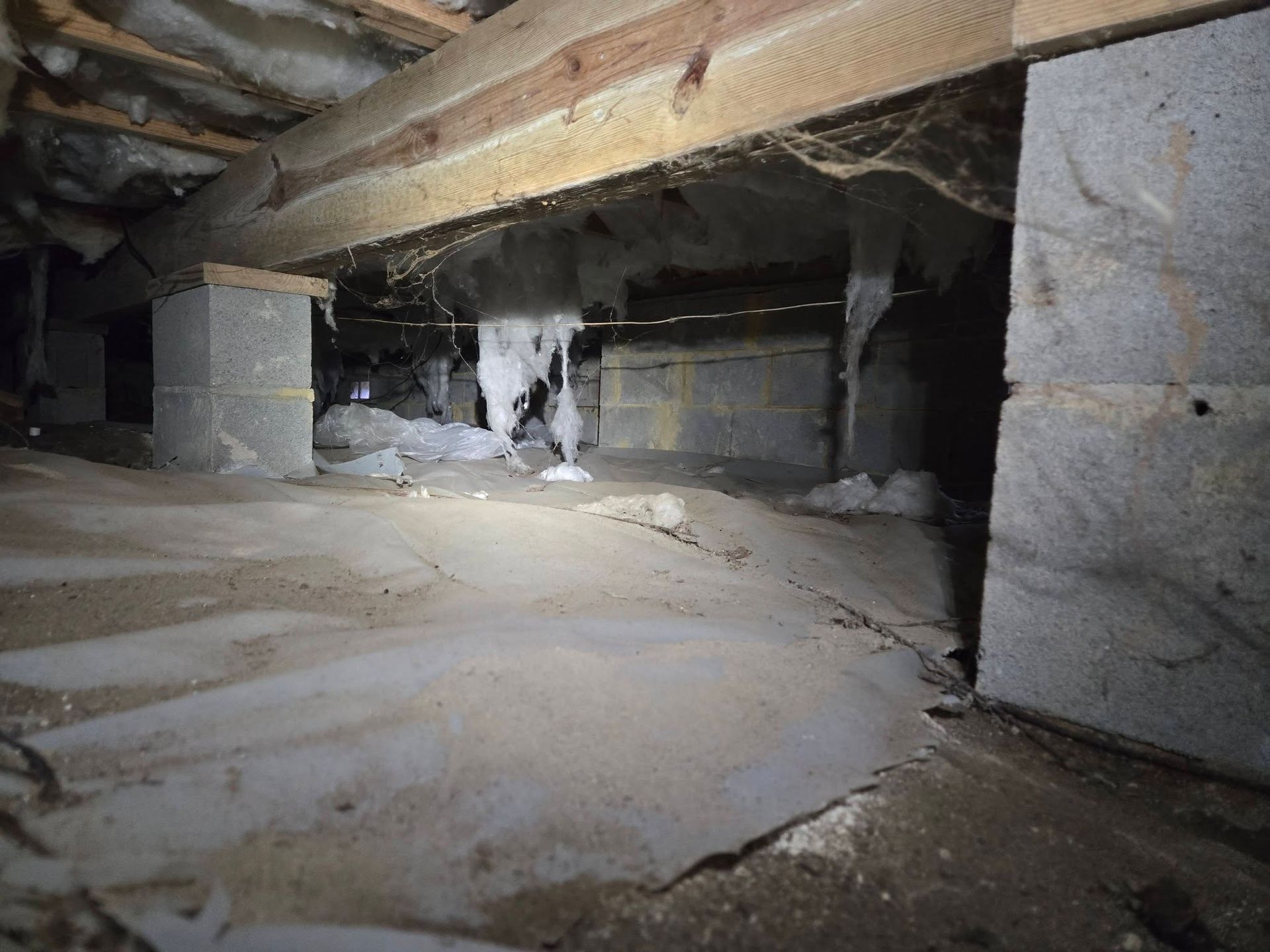 Dim, unfinished crawlspace with dirt floor, exposed beams, and concrete support walls under a house