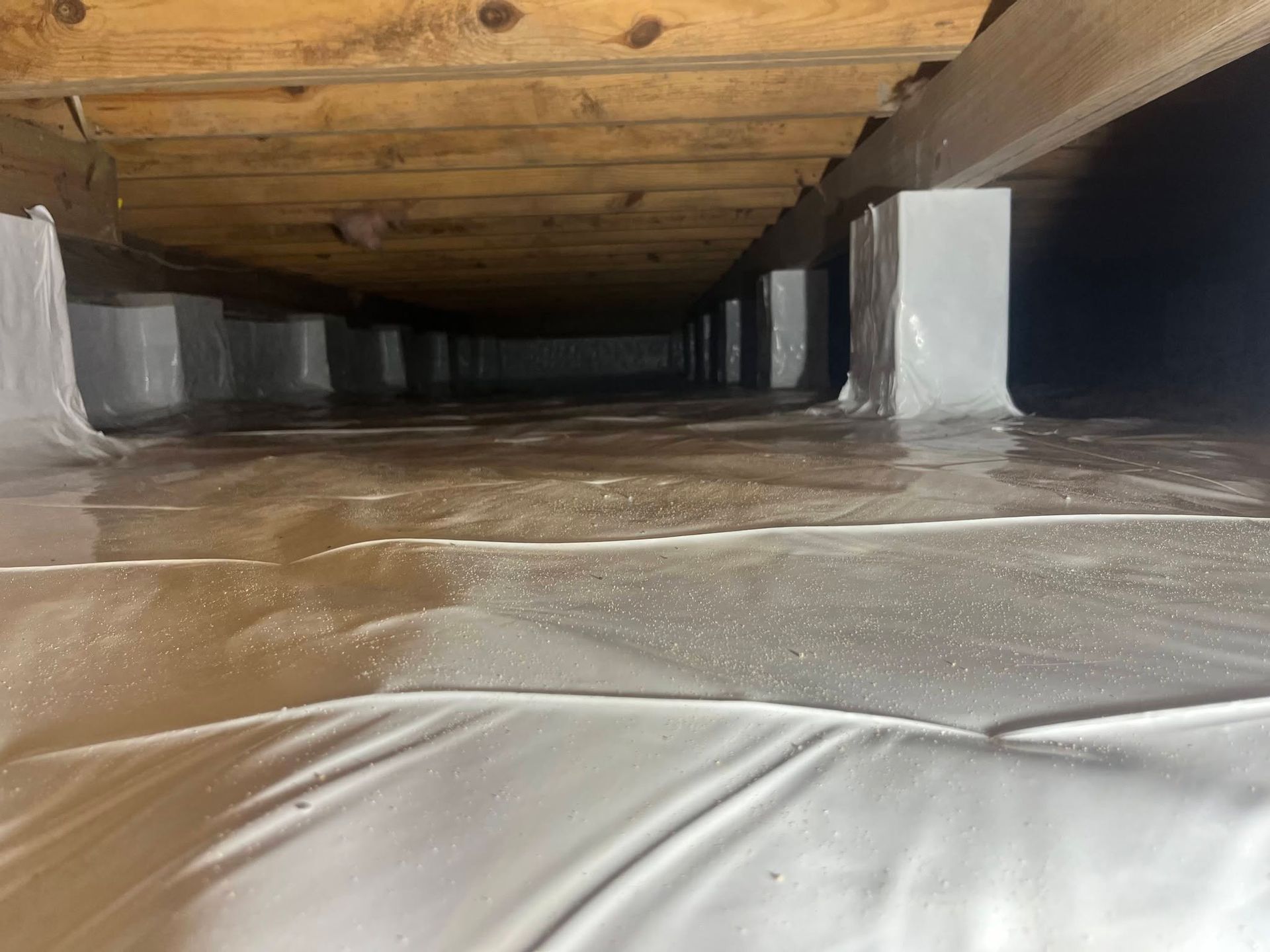 Insulated crawlspace with plastic vapor barrier, wooden floor joists, and concrete foundation walls