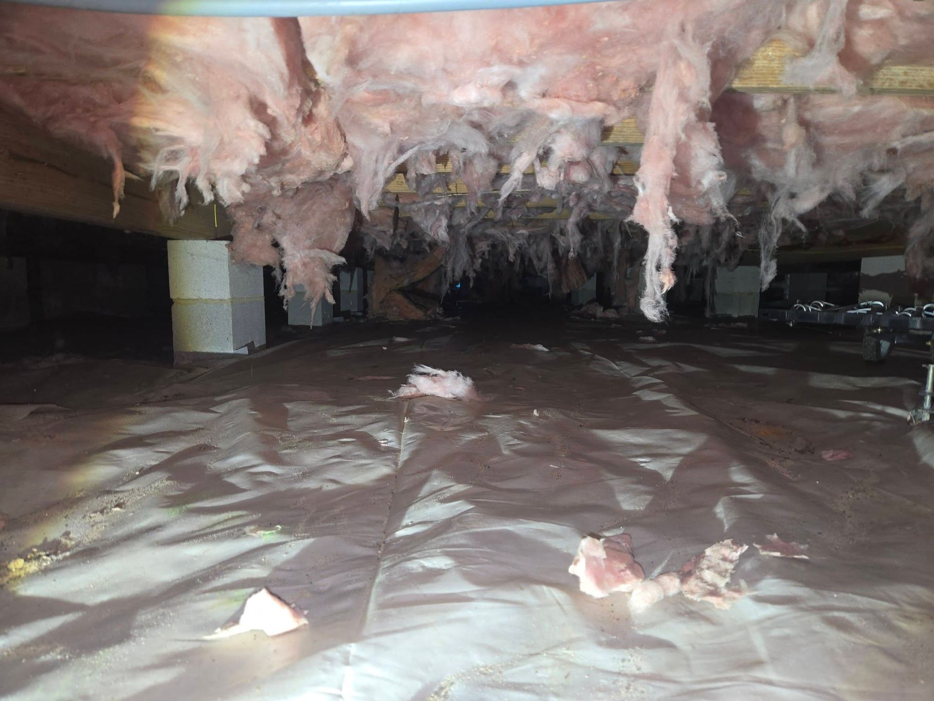 Plastic-lined crawlspace with exposed pink insulation and low ceiling beams