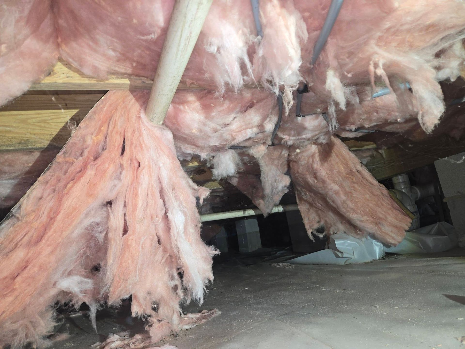 Pink insulation hanging beneath a floor with exposed pipes and beams