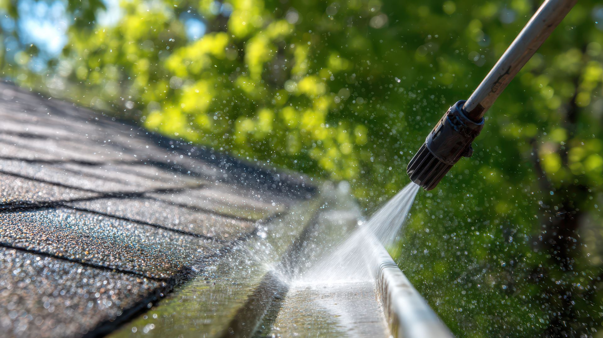 Pressure washing dirty roof gutter