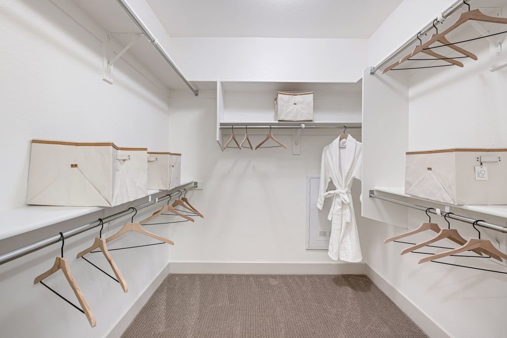 Spacious empty walk-in closet with white shelves, hanging rods, boxes, and a robe on a hook.