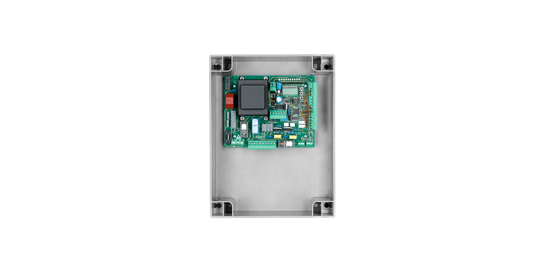 Tarjeta electrónica de control en caja de protección para motores de portones automáticos