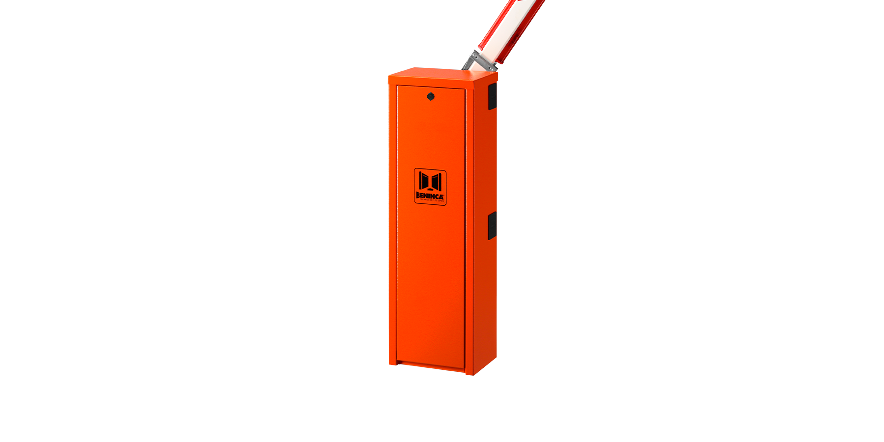 Barrera vehicular automática naranja para control de tráfico en parqueos y condominios