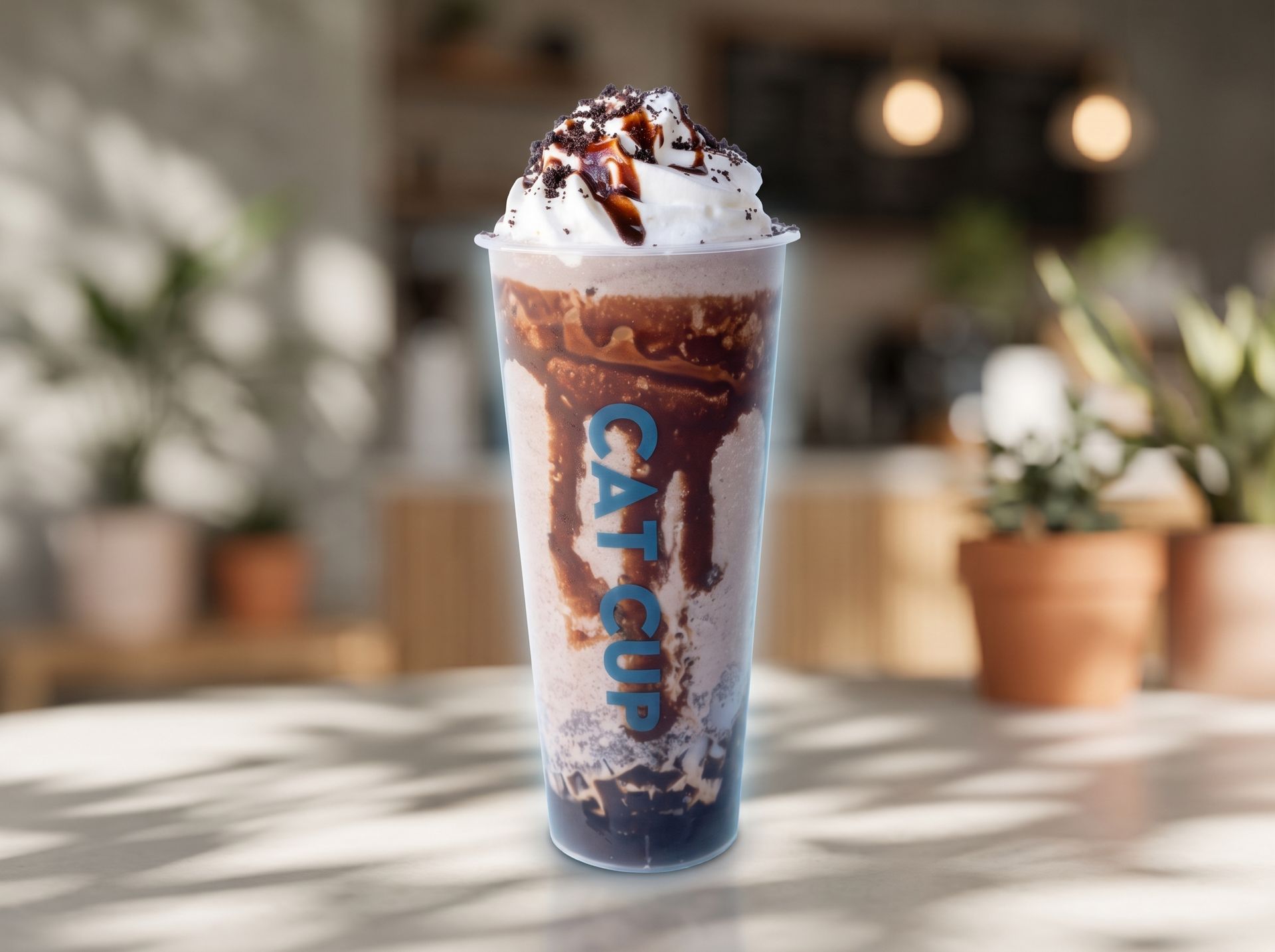 Iced chocolate drink topped with whipped cream and chocolate drizzle in a clear Cafe 33 cup
