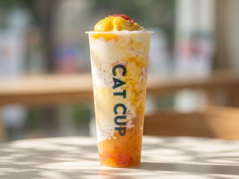 CAT CUP iced drink in a clear cup with orange topping, standing on a sunlit table