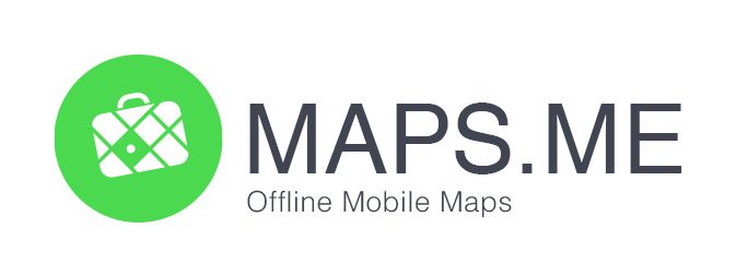 The logo for maps.me is a green circle with a suitcase on it.