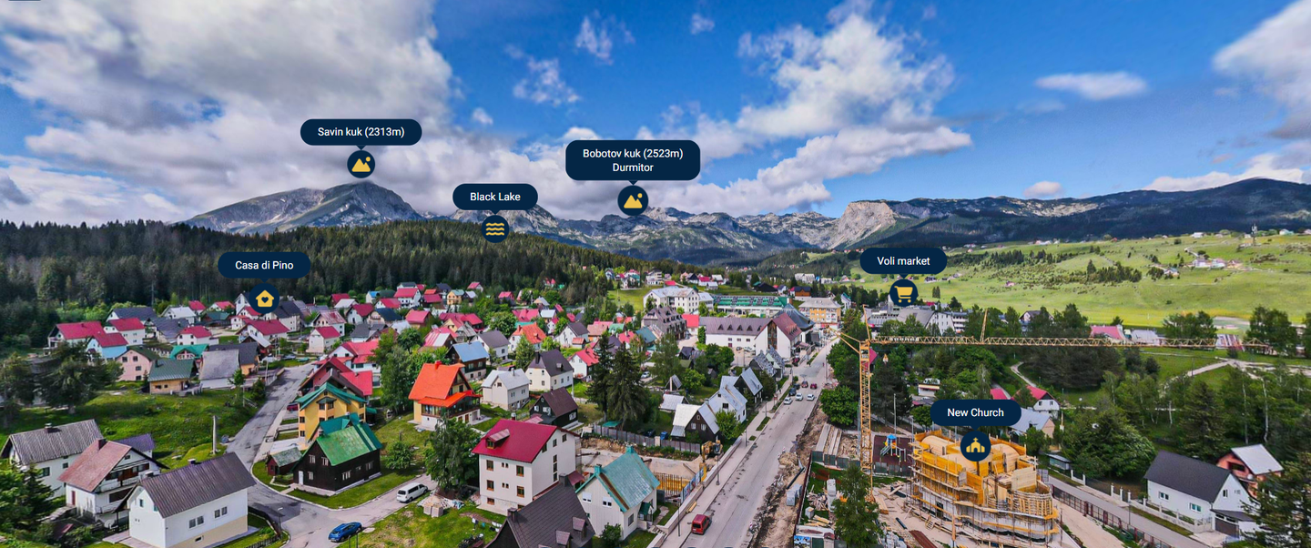 An aerial view of a small town with mountains in the background.