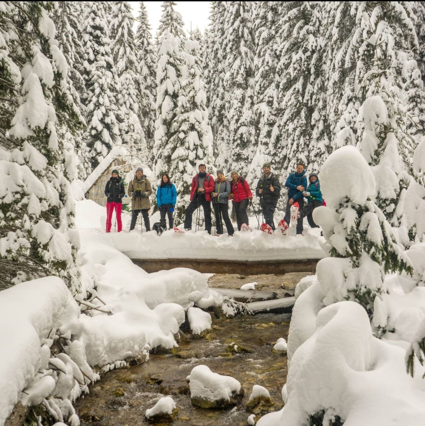 A group of people standing on a bridge in the snow with snowshoes.