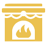 A yellow icon of a fireplace with a fire in it.