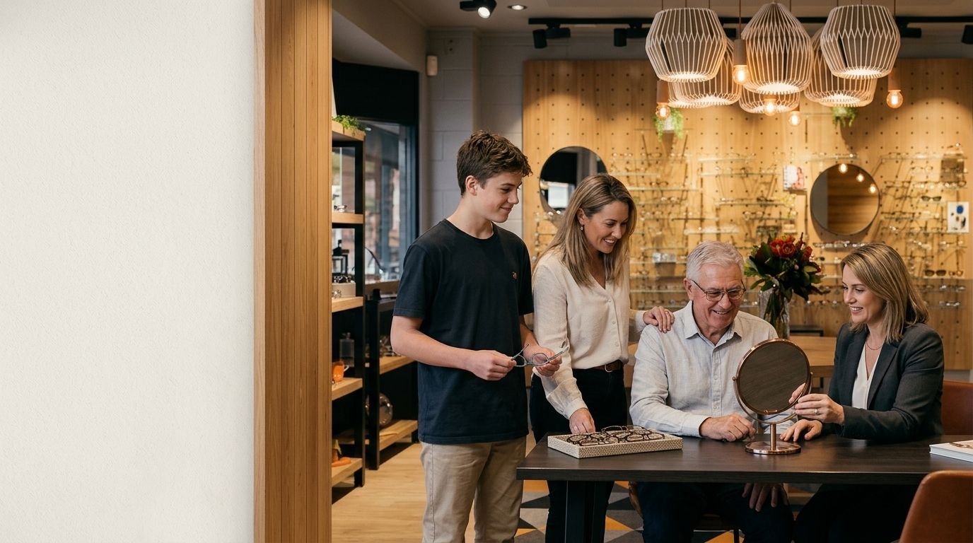 Four people gather around a wooden table in a warm, modern dining room, sharing a meal or conversation.