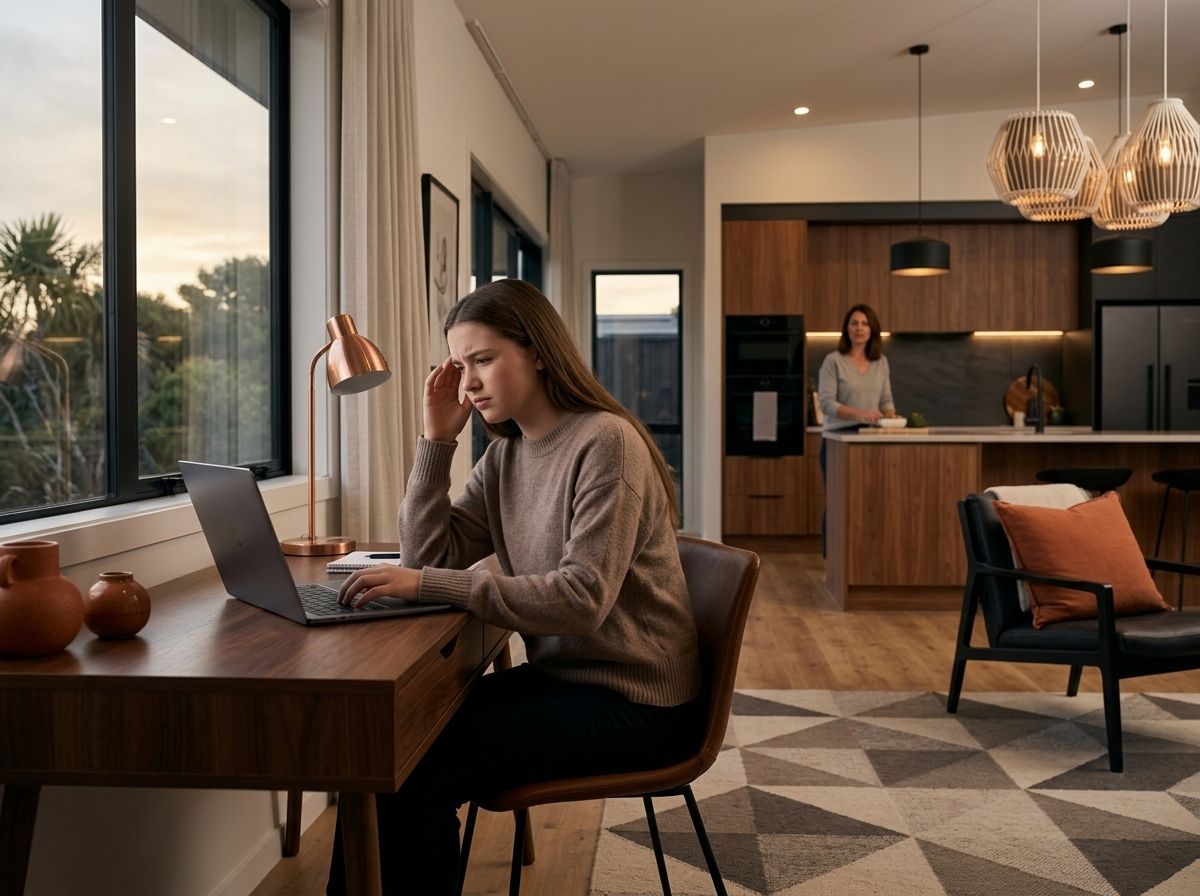 Woman working on a laptop at a wooden table in a modern open-plan living room and kitchen