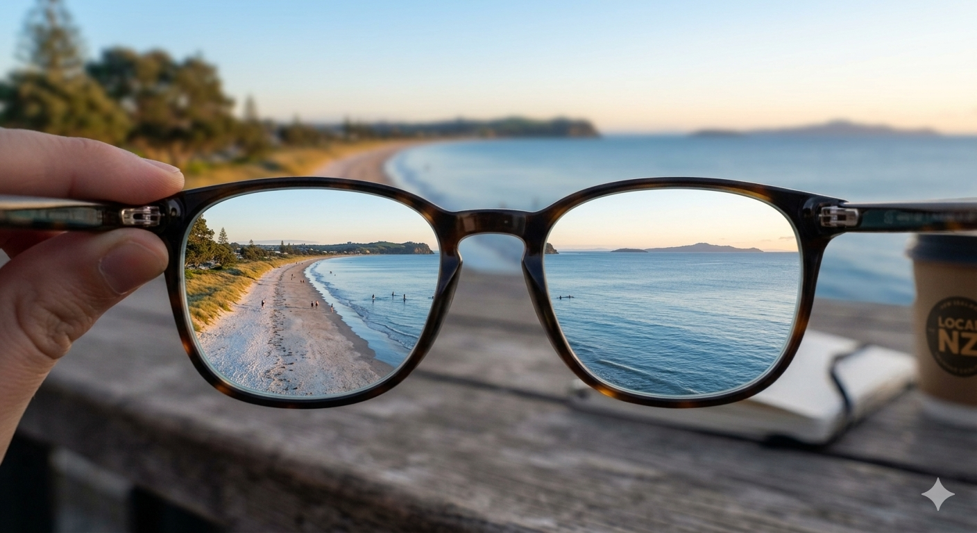 Hand holding eyeglasses framing a seaside view at sunset on a wooden railing