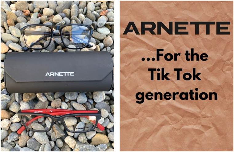Arnette sunglasses and case on pebbles beside a bag reading “For the Tik Tok generation”