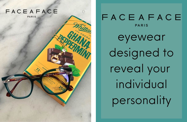 Eyeglasses on a yellow book beside Face a Face Paris eyewear ad with teal text panel