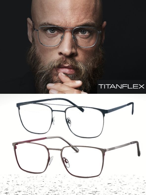 Titanflex eyeglasses shown below a close-up of a bald bearded man wearing glasses