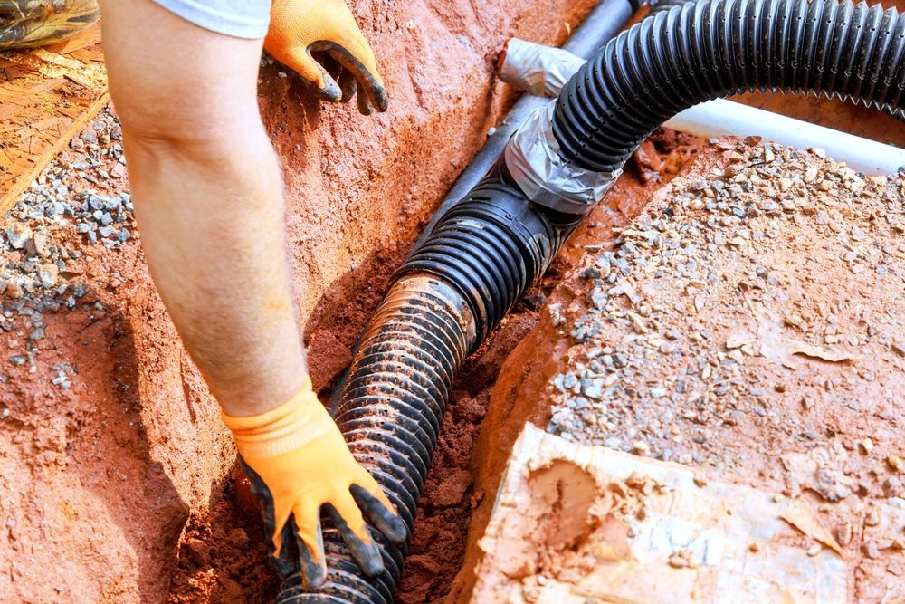 Worker using a vacuum hose to remove debris from a muddy trench or excavation site