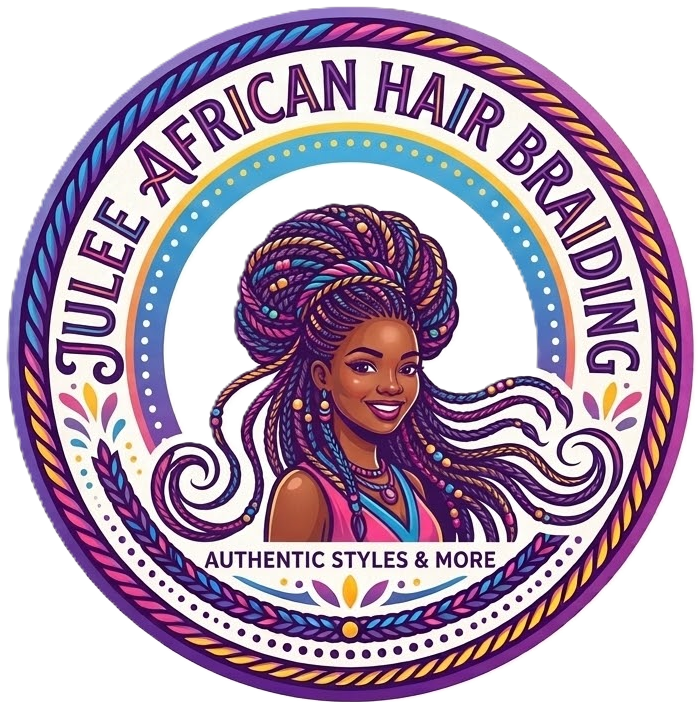 Logo for Julee African Hair Braiding featuring a stylized person with colorful braided hair in a circular frame.