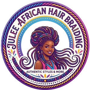 Logo for Julee African Hair Braiding featuring a stylized person with colorful braided hair in a circular frame.