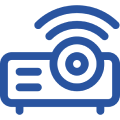 a blue and white logo of projections