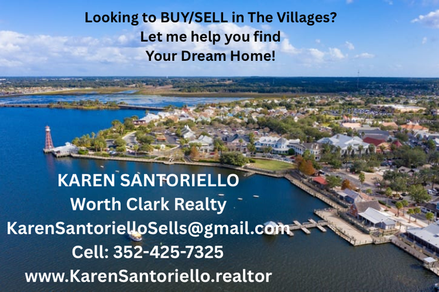 Aerial view of The Villages waterfront with real estate contact details for Karen Santoriello