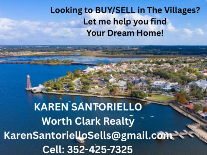 Realtor ad for The Villages: waterfront aerial view with contact info and “Looking to BUY/SELL?”