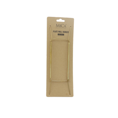 Een goudkleurige, veer belaste wandhanger voor platen.