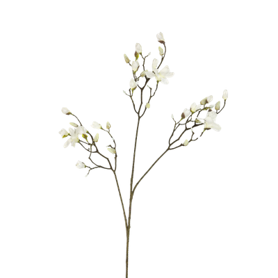 Een decoratieve kunsttak met witte bloemen en kleine knopjes op slanke bruine stengels tegen een witte achtergrond.