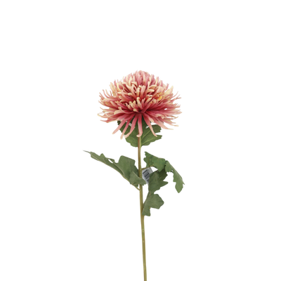 Een namaak, stoffig roze spinnenchrysant op een groene steel met drie blaadjes.