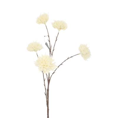 Een decoratieve kunstmatige bloemstengel met vijf crèmekleurige, ronde bloemen op dunne, bruine, vertakte stengels.
