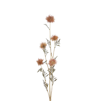 Een hoge, kunstmatige plantenstengel met vijf gestructureerde, koperkleurige distelbloemen en groen blad.