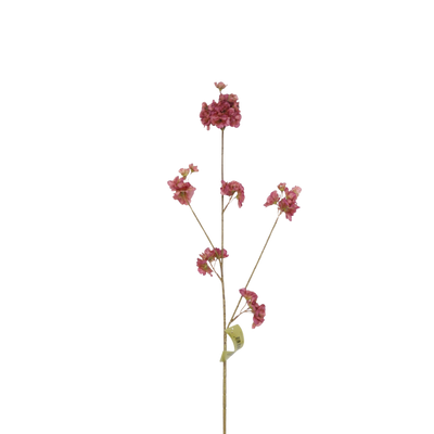Een enkele kunstmatige steel met kleine, stoffig roze bloemclusters tegen een effen witte achtergrond.