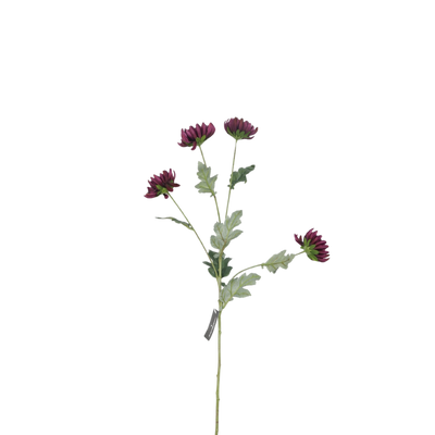 Een enkele kunstmatige steel met vier dieppaarse, chrysantachtige bloemen en groene bladeren.