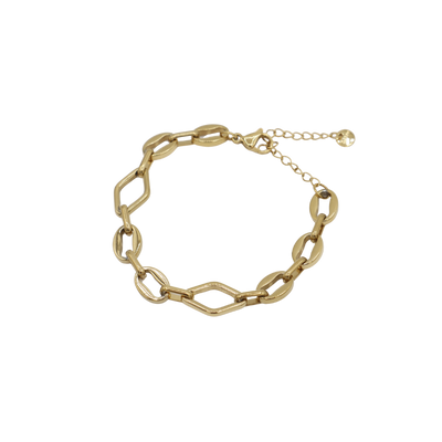 Een zilverkleurige schakelarmband met afwisselend ronde en geometrische ruitvormige schakels en een verstelbare sluiting.