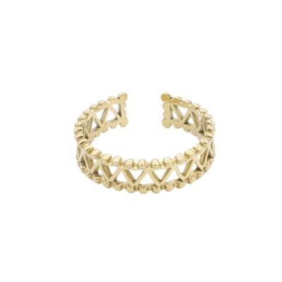 Gouden ring met open band, voorzien van een herhalend zigzag-uitgesneden patroon en parelranden.