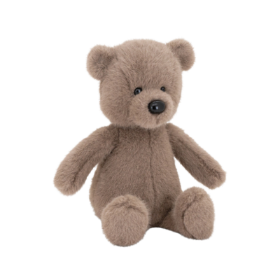Een bruine, pluche teddybeer met donkere ogen en neus, zittend tegen een witte achtergrond.