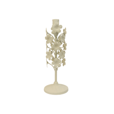 Een crèmekleurige metalen kandelaar in de vorm van een bloeiende tak met meerdere kleine bloesems.
