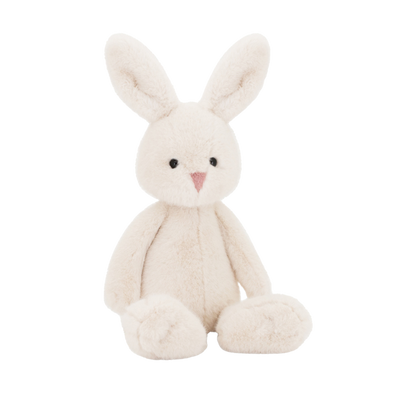 Een crèmekleurig pluche konijn met lange oren en een zachte, pluizige textuur.