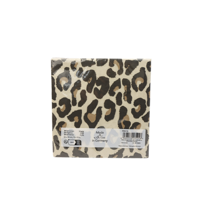 Een vierkant pak papieren servetten met een beige en zwarte luipaardprint, voorzien van het Boltze Home-logo.