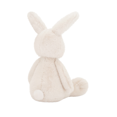 Een crèmekleurig pluche konijn met lange oren en een zachte, pluizige textuur.