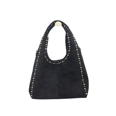 Een zwarte suède hobo-tas met zilverkleurige studs langs de schouderband en zijnaden.