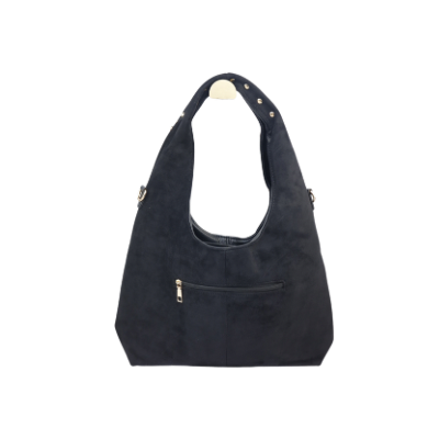 Een zwarte suède hobo-tas met zilverkleurige studs langs de schouderband en zijnaden.
