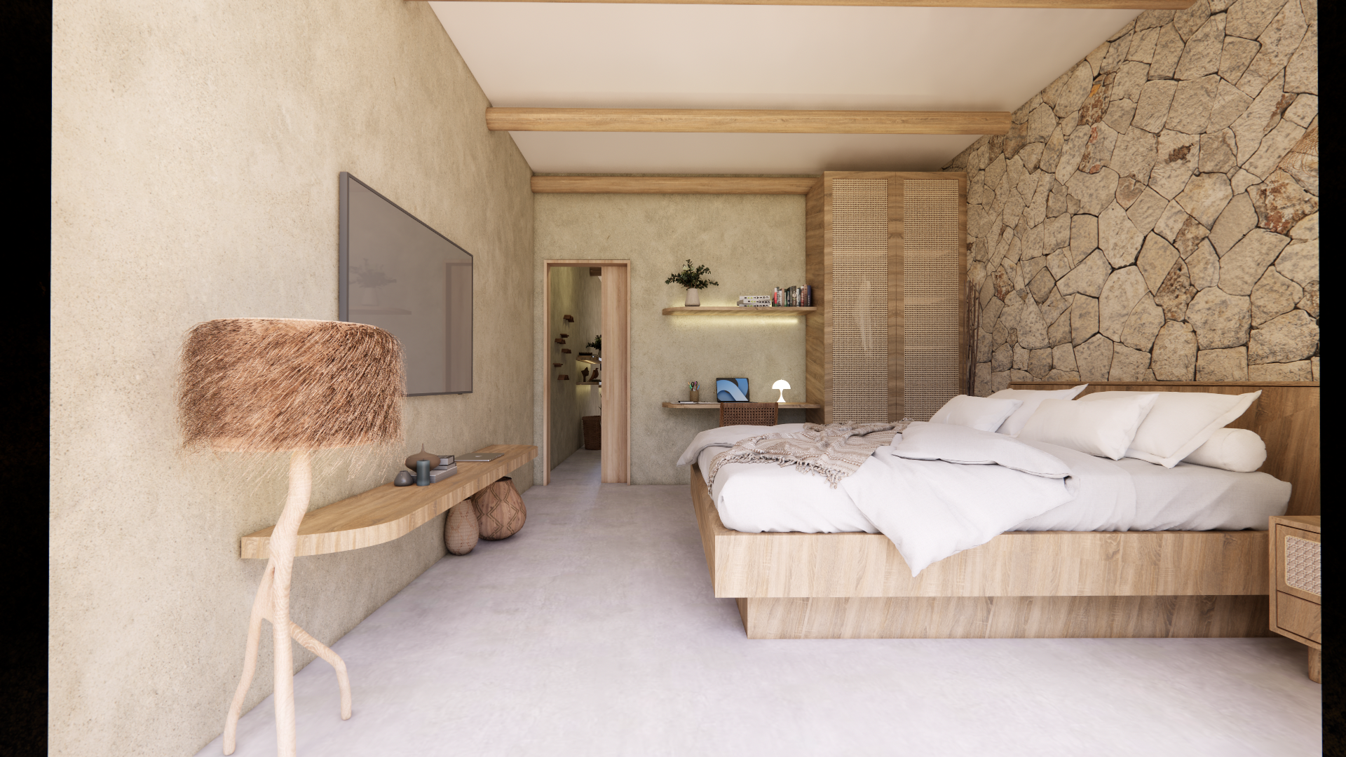 Quarto com parede de pedra, cama de madeira e televisão. Luz natural.