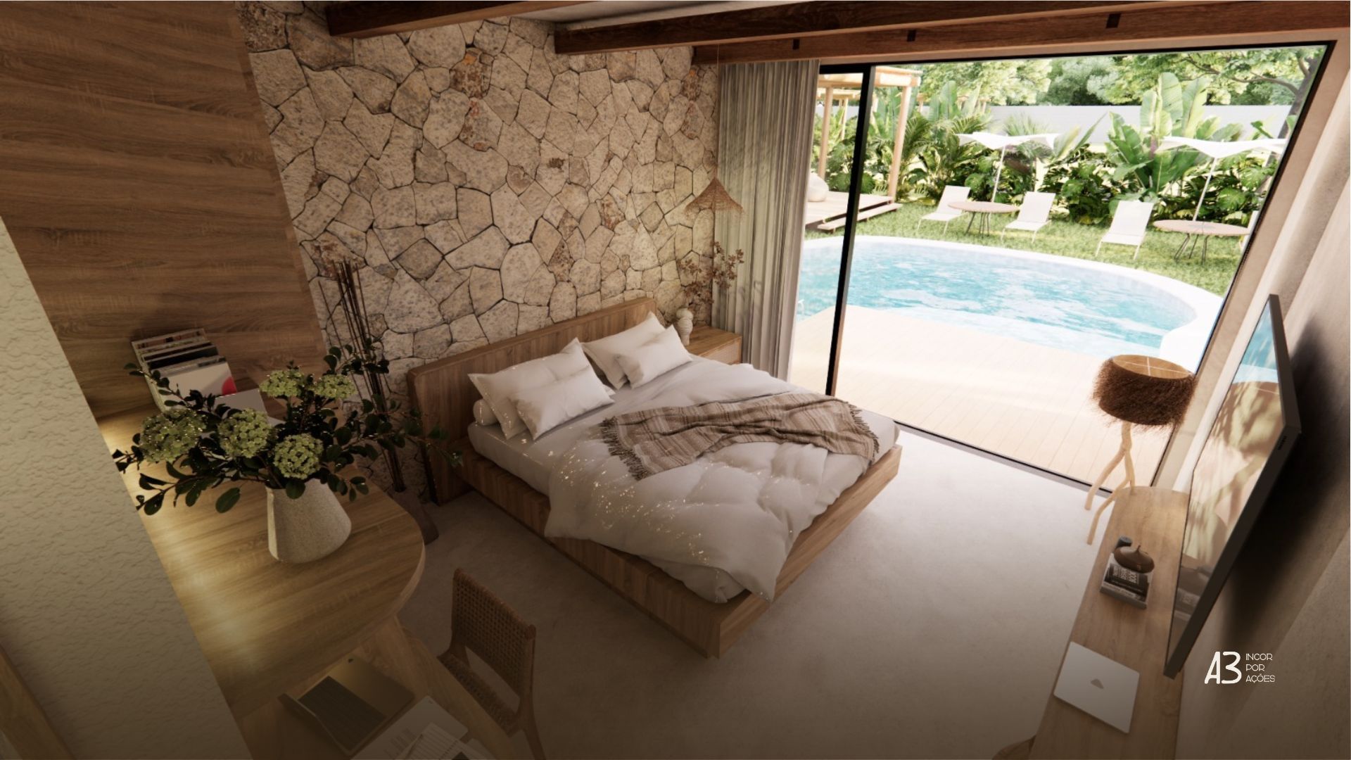 Quarto com parede de pedra, cama e vista para a piscina através de portas de vidro deslizantes.