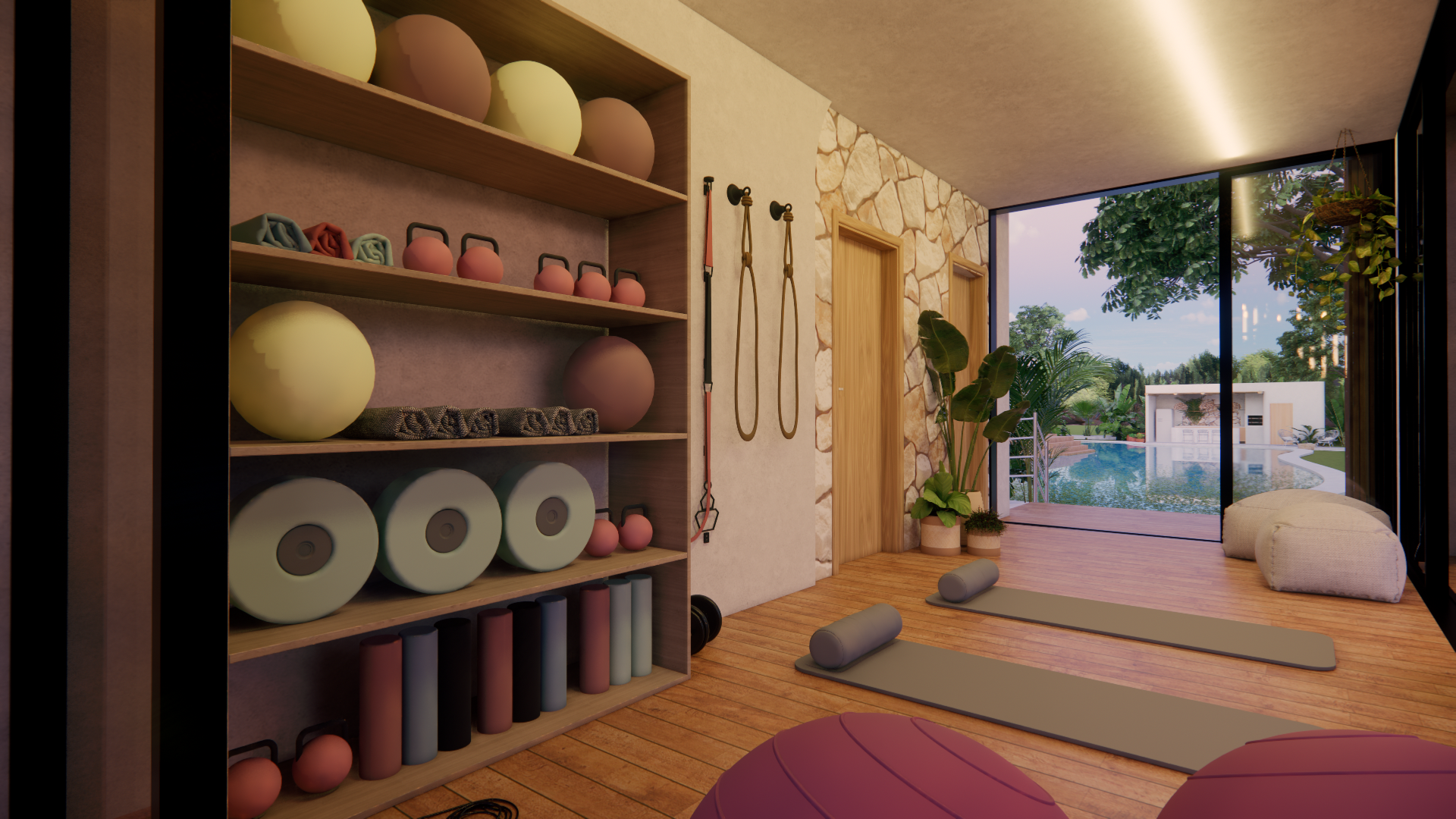 Interior de estúdio de ioga com prateleiras para equipamentos, tapetes e vista para a piscina externa.
