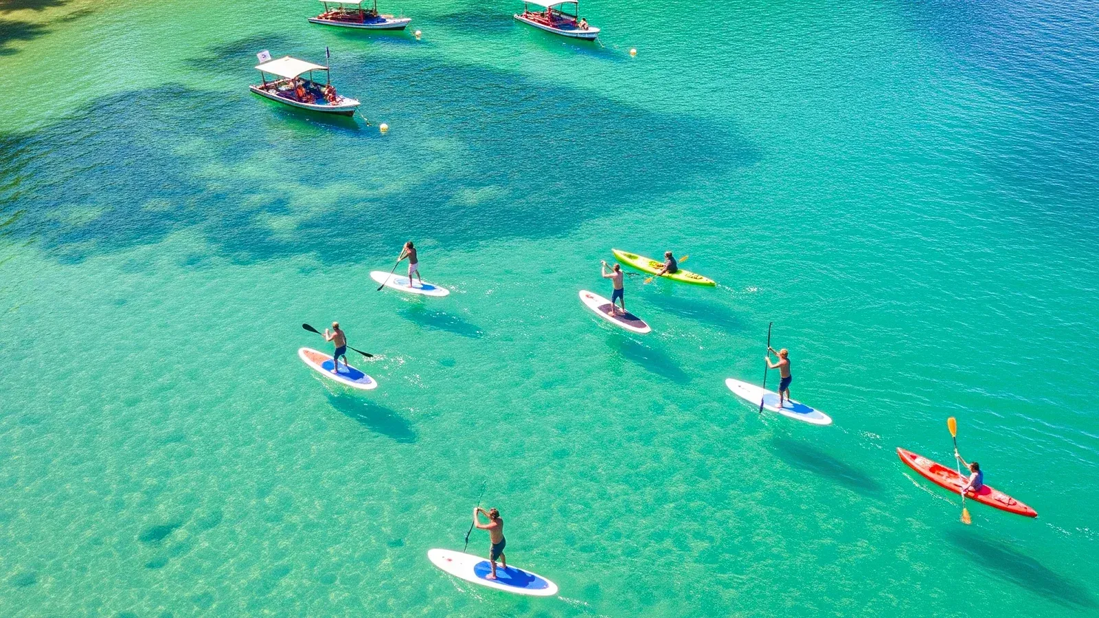 Pessoas praticam stand-up paddle e caiaque em águas turquesas. Barcos estão ancorados nas proximidades. Dia ensolarado.