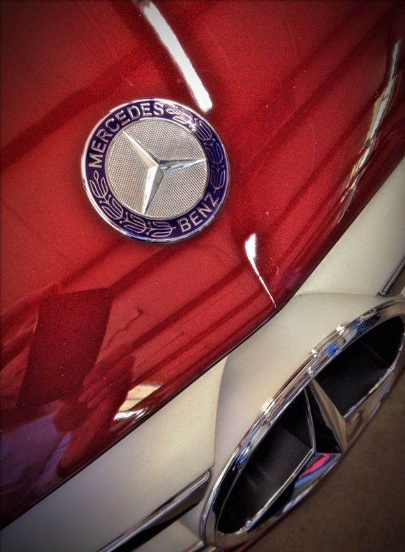 Close-up of a red Mercedes-Benz emblem and chrome badge on a car trunk